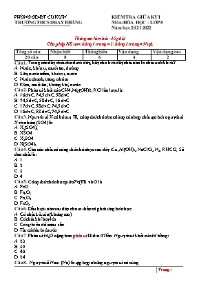 Đề kiểm tra giữa kì I môn Hoá học Lớp 8 - Năm học 2021-2022